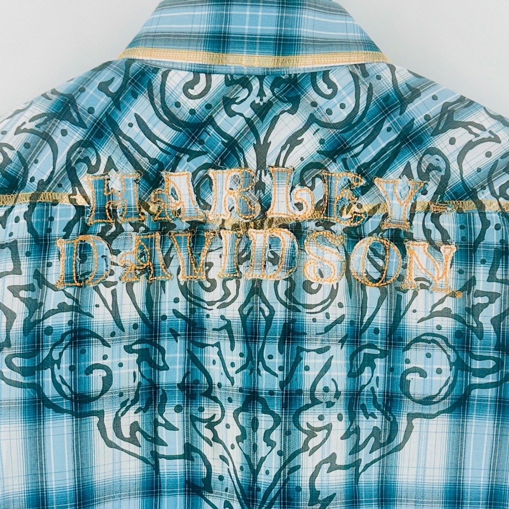 Harley Davidson Western Shirt Women Medium Turquoise Plaid Snap Embroidered EUC - Picture 4 of 8